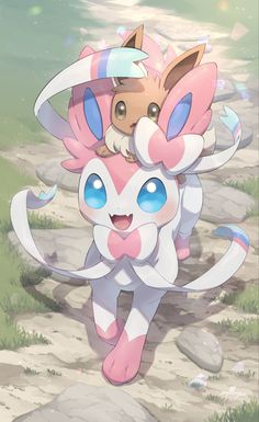 an animal with blue eyes and pink ears is walking on the ground in front of some rocks