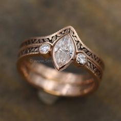 Moissanite Vintage Inspired Engagement and Wedding Ring Set - Marquise Ring - Leaf Sennin Esko Jewelry Bezel ring, Conflict Free Ring, Engagement Ring, Engagement Set Tag, Gold Engagement, Leaf Ring, Mar FINE RINGS / ENGAGEMENT Engagement And Wedding Ring Set, Vintage Engagement Ring Settings, Engagement And Wedding Ring, Ring Rosegold, Leaf Engagement Ring, Marquise Ring, Marquise Cut Diamond, Wedding Ring Set, Pretty Rings