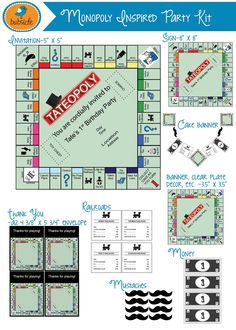 monopoly inspired party kit with instructions to make it look like the monopoly board game,