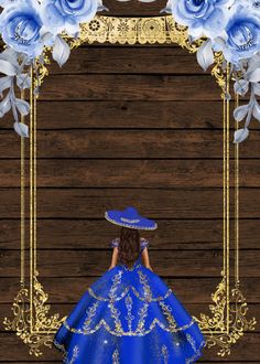 a girl in a blue dress and hat with flowers