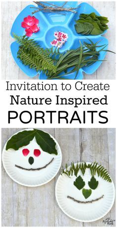 two paper plates with plants and faces on them