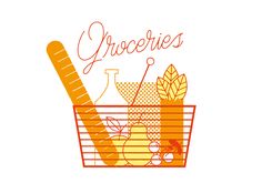 an orange basket filled with food and the words groceries written in cursive writing