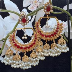 Red and gold desi earrings Luxury Red Chandbalis For Wedding, Luxury Red Temple Jewelry Chandbalis, Luxury Red Chandbalis For Festive Season, Red Dangle Jewelry With Latkans, Red Dangle Latkans Jewelry, Red Earrings For Celebrations, Red Chandbali Jewelry With Latkans, Festive Red Drop Earrings, Red Temple Jewelry Danglers For Festive Occasions