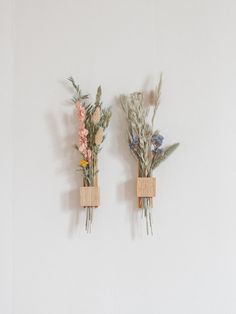 two wooden vases with dried flowers in them hanging on a wall next to each other