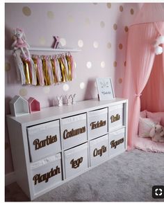 a pink and gold girls bedroom with polka dot wallpaper on the walls, white dressers in front of a canopy bed