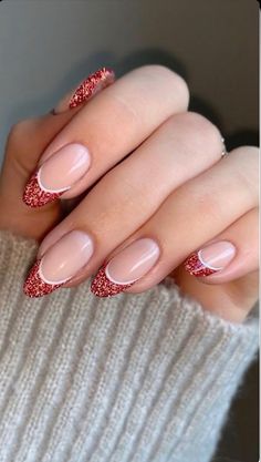 Sparkly red french tip nails, almond shaped nails Nails Glitter Tips, Christmas Nails Glitter, Pretty Fingers, Red And White Nails, Glitter Tips, New Years Nail Designs, New Years Eve Nails, January Nails, Nagel Tips