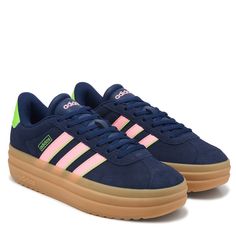 Add some height to your style with the Women's Adidas VL Court Bold Platform Sneaker. Suede and synthetic leather upper in a platform sneaker style with a round toe. Lace up front. Iconic Adidas 3 stripe detail. Padded collar and tongue. Smooth lining with a padded insole. Platform midsole. Durable rubber outsole. Adidas Vl Court, Sneaker Style, Shoe Inspo, Shoe Fits, Womens Athletic Shoes, Platform Sneaker, Sneakers Blue, Crazy Shoes