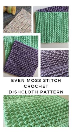 the crochet dishcloth pattern is shown in three different colors, including green and purple