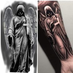 an angel tattoo on the left arm and in the right hand is a black and white photo