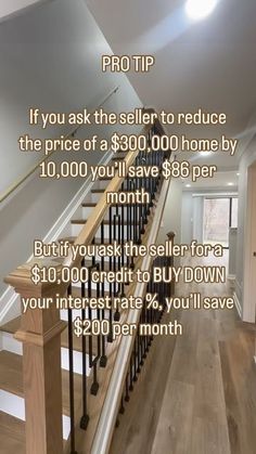 an advertisement for a home with stairs and prices on the bottom half of the staircase