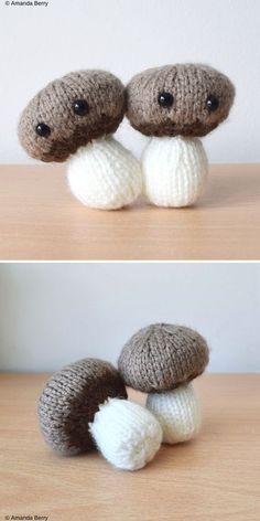 there are two knitted mushrooms sitting on the table, one is brown and white