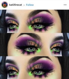 Black And Purple Goth Makeup, Three Color Eyeshadow Look, Witchy Glam Makeup, Maleficent Inspired Makeup, Halloween Drag Makeup, Malificent Eye Makeup, Purple And Green Eye Makeup, Maleficent Eye Makeup, Bright Halloween Makeup