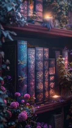 an image of a book shelf with books and flowers on it in the dark night