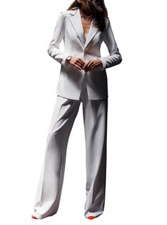 for TALL women inseam is 35.8 inches or 91 cm 2-piece Womens Blazer Trouser Suit for office, business meetings, formal events and special occasions. Also perfectly combines with sneakers so after a long and tiring business day you can change you heels to sneakers and still look chic. DETAILS -  wide leg pants -  high rise -  blazer is Buttoned and belted -  lined -  side pockets -  relaxed fit -  single breasted MATERIAL Premium quality suiting fabric, which consists of viscose mostly and a bit Elegant Sets With Solid Color Trousers, Elegant Semi-formal Pantsuit Trousers, Tailored Formal Trouser Sets, Tailored Trousers Sets For Formal Occasions, Elegant Trousers Pantsuit For Office Wear, Elegant Pantsuit With Trousers For Office Wear, White Suit With Straight Pants For Formal Occasions, Elegant Semi-formal Suits With Straight Pants, Elegant Tailored Dress Pants For Wedding