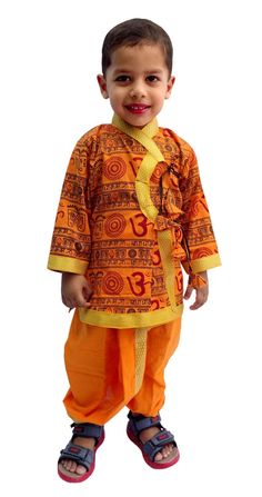 "This traditional Indian \"Famous Saffron OM Print cotton Angrakha & Dhoti will surely add charm to your cute boy. SALES PACKAGE- 1 Kurta, 1 Dhoti FABRIC- 100%cotton OTHER DETAILS- This Product Is Good For Your Baby Skin                                    Best Quality And Quick Dispatch                                    It has a soft elastic belt for convenient fitting on the waist. Delivery time ranges between 11 - 18 working days, we provide a Express Shipping Also 5-7 days with Extra charge. You may choose in shipping Option. * You May Conversation With Me if You have any doubt. Thank you so much to visit my shop. Rajesh Bansal owner of Rajasthani Dresses" Gods Outfits, Traditional Dress For Boy, Rajasthani Dress, Dress Handmade, Ethnic Dress, Clothing Sets, Guys And Girls, Baby Wearing, Traditional Dresses