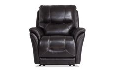 the reclining chair is shown in dark brown leather with an adjustable headrest and foot rest