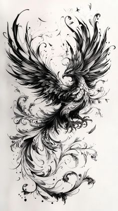 an ink drawing of a bird with swirls on it's wings