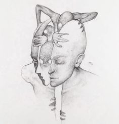 a pencil drawing of two people with their heads touching each other