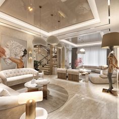 a living room filled with lots of white furniture