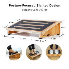 the foot stool is made out of wood and has two different types of feet on it