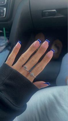 Nails | Inspo | Royal blue | Blue | French tips | French tip | Bmw | Starbucks | Uggs | Rings | Pandora rings Cute Nails Royal Blue, Royal French Tip Nails, French Nails Ideas Blue, Square French Tip Acrylic Nails Blue, Hoco Nail Ideas Royal Blue, Nails To School, Blue French Tip Ideas, Nail Inspo Blue French Tip