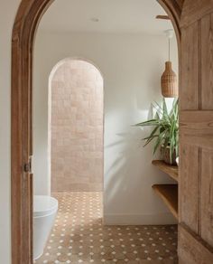 an archway leading to a bathroom with a potted plant