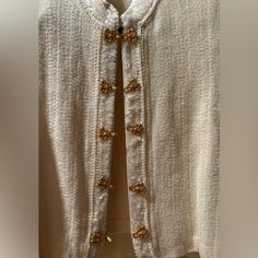 Like New. Gorgeous Knit Gold Embellished Buttons. Chic Embellished Cardigan For Party, Chic Embellished Cardigan For Fall, Chic Embellished Party Cardigan, Elegant Cream Cardigan For Formal Occasions, Elegant Cream Cardigan With Buttons, Elegant Tweed Jacket With Gold Buttons For Work, Elegant Embellished Formal Cardigan, Elegant Gold Cardigan For Winter, Chic Embellished Fall Cardigan