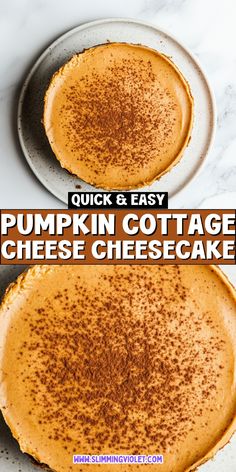 two pumpkin cottage cheesecakes on plates with cinnamon sprinkles in the middle