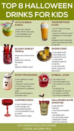 the top 8 halloween drinks for kids to drink in each glass, including orange juice and iced