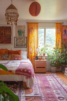 a bedroom decorated in bright colors with hanging plants