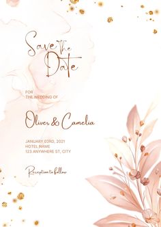 an elegant wedding card with flowers and leaves