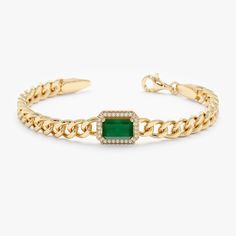 Embrace bold opulence with the Emerald & Diamond Cuban Bracelet. This exquisite piece showcases a stunning interplay of vibrant emeralds and dazzling diamonds, expertly set within the gleaming links of a 14k solid gold Cuban chain. The emerald's captivating green hues contrast beautifully with the diamonds' fiery sparkle, creating a truly luxurious statement piece. - Handmade - Solid Gold - Natural Diamonds and Emerald  - G Color, SI Quality Diamonds - Total Diamond Carat Weight: 0.08 ctw - Total Emerald Carat Weight: 1.14 ctw - Dimensions of the Setting: 8 x 16 mm 🛠 Your Sarah Elise piece is handcrafted with care! Ready-to-ship items go out within 3 business days. Made-to-order pieces typically take 7-10 business days to create. If you need something sooner, please contact us - we'll see Elegant Cuban Link Bracelet With 17 Jewels For Gift, Elegant Curb Chain Bangle, Elegant Green Chain Bracelet, Formal 14k Gold Chain Bracelet With Gemstones, Formal Gemstone Chain Bracelet, Luxury Gold Chain Bracelet With Gemstone, Elegant Cuban Link Bracelets For Anniversary, Formal Gold Gemstone Chain Bracelet, Formal Yellow Gold Chain Bracelet With Gemstone