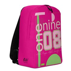 a pink backpack with the words online on it