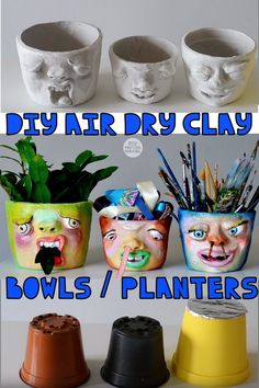 there are four bowls with plants in them and the words diy air clay bowls / planters