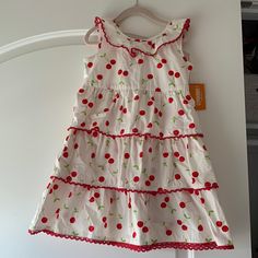 Cotton Sweet Red Sleeveless Dress, Red Cotton Dress For Playdate, Red Spring Playtime Dresses, Red Ruffled Dresses For Playtime, Cute Cotton Dresses With Cherry Print, Cute Cotton Cherry Print Dresses, Red Cotton Dress With Cherry Print, White Knit Sweater Dress, Playful Cotton Dress With Hello Kitty Print