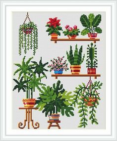 cross stitch pattern with plants and potted plants on the shelves in front of them