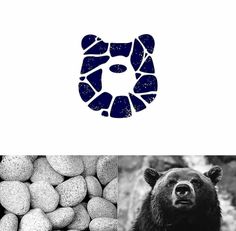 the bear is standing next to some rocks and pebbles in black and white, with blue ink on it