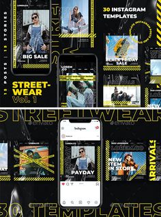 an advertisement for a street wear store with yellow and black stripes on the front, two phones