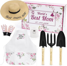 the mother's day gift set includes gardening utensils, an apron and a hat