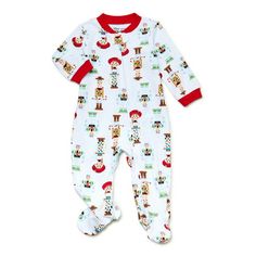 Laugh, sing and play in this adorable Toy Story inspired one piece footed sleeper. This 100% cotton, snug fit sleeper has an easy to use zip up closure with a fun allover print featuring their favorite children's characters. Your little one will love this sleeper as they snuggle up to watch their favorite show on TV or lay their head on their pillow. Size: Newborn.  Color: White.  Gender: unisex.  Age Group: infant. Toy Story Baby, Disney Pajamas, Baby Boy Pajamas, Holiday Blankets, Girl Sleeping, Baby Sleepers, Woody Toy Story, One Piece Pajamas, Baby Pajamas