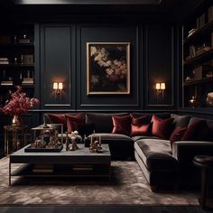 a living room filled with lots of furniture next to a book shelf full of books