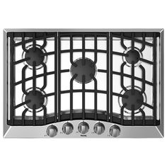 an oven with four burners and three knobs