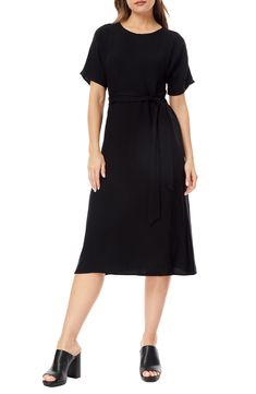 Easily transition from desk to dinner in this flattering midi dress styled a jewel collar, elbow-length sleeves and a tie belt. 45" length Jewel neck Elbow-length sleeves Tie belt 55% viscose, 45% rayon Machine wash, dry flat Imported Model stats: 5'10" height, 32" bust, 25" waist, 36" hip. Model is wearing size Small. Jeweled Collar, Crepe Midi Dress, Midi Dress Style, Daytime Dresses, Jewel Neck, Elbow Length Sleeve, Belt Tying, Tie Belt, Sundress