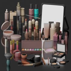 an assortment of cosmetics and make - up items displayed on a black surface with a mirror in the background