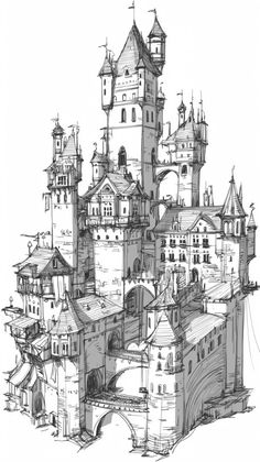 a drawing of a castle with lots of towers