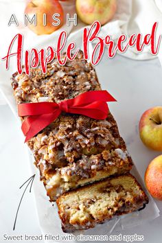 an apple bread with cinnamon and apples on the side is featured in this ad for amish's apple bread