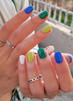 Gel Nail Different Colors, Short Nails Different Colors, Multicoloured Nails Summer, Multi Colored Nails Summer Short, Short Nails Multi Color, 3 Color Nail Combination, Hands Different Color Nails, Nail Polish Inspo Short Nails, Biab Nail Design Short