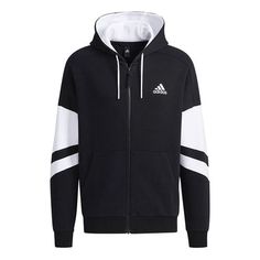 Adidas Contrasting Colors Athleisure Casual Sports Hooded Jacket Black GT6480 (Men's) Sports Hoodie For Sports Events, Sports Season Hoodie For Sports Events, Sports Season Outerwear With Drawstring Hood, Sports Outerwear With Drawstring Hood, Fleece Hooded Sportswear Jacket For Sports Season, Drawstring Hooded Outerwear For Sports Events, Sporty Fleece Track Jacket With Drawstring Hood, Outdoor Sportswear Hoodie, Sporty Outdoor Hoodie With Ribbed Cuffs