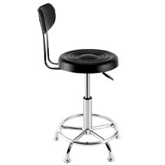 a black stool with a chrome base and foot rest