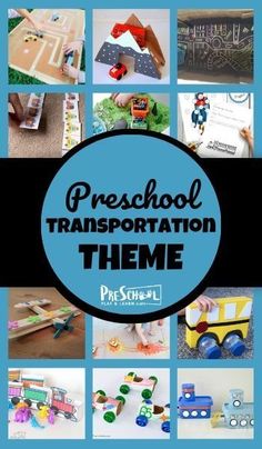 a collage of photos with the words preschool transportation theme in blue and black text